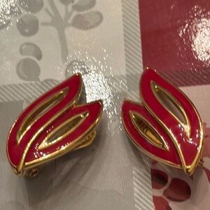 Vintage Monet Gold and Red Clip-On Earrings Perfect for Valentines Day & Spring